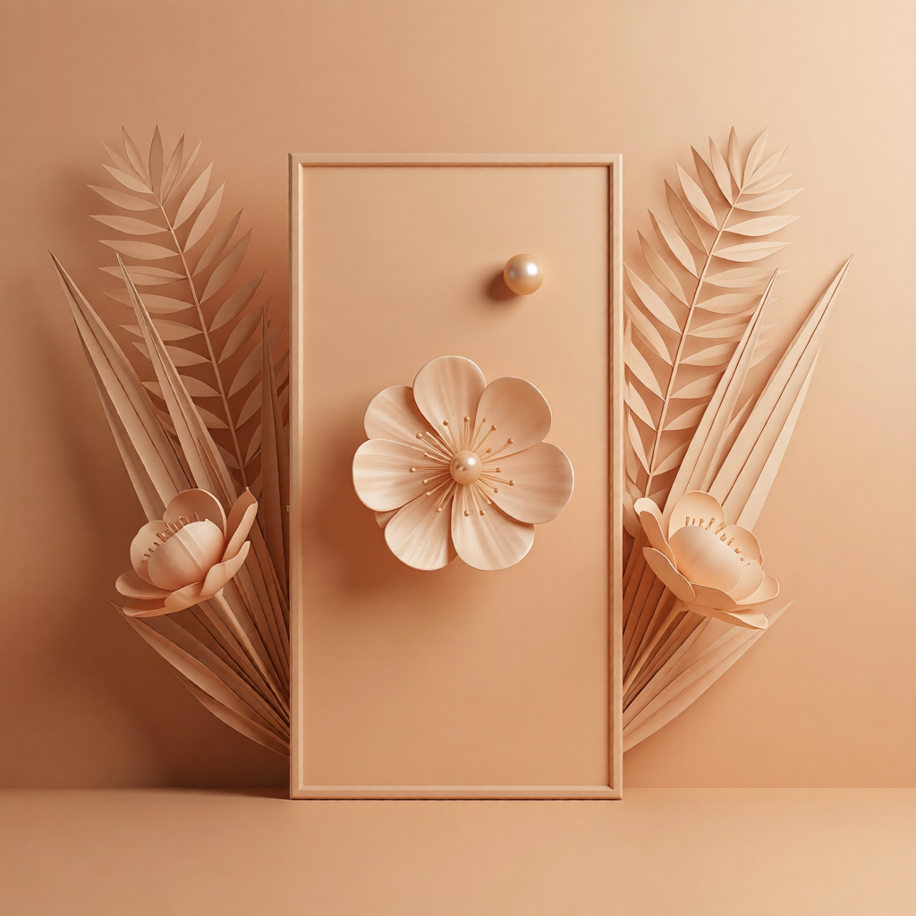 Premium 3D illustration of soft peach blossoms and botanical elements for the Gala